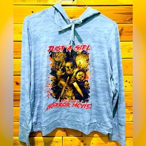 Women’s lightweight, hooded long sleeve pullover with horror theme print size L